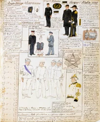 Uniformer of Kingdom of Italy 1886, tallrik från Cenni Codex, samling militärskisser i akvarell