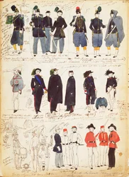 Olika italienska uniformer i vanlig användning mellan 1847 och 1870 av Quinto Cenni, färgskylt