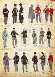 Olika italienska uniformer i allmänt bruk mellan 1859 och 1866 av Quinto Cenni, färgplansch