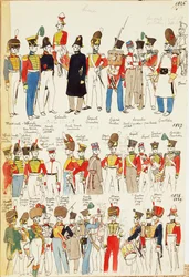 Olika uniformer från 1826 till 1829. Färgskylt av Cenni Quinto