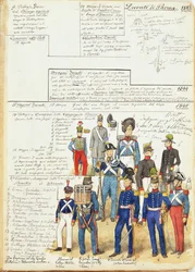 Olika uniformer från hertigdömet Parma från 1845. Färgskylt av Cenni Quinto