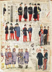 Påvliga staternas olika uniformer från 1865. Färgskylt av Cenni Quinto