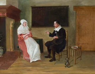 En interiör med en sittande man och kvinna (olja på pannå)