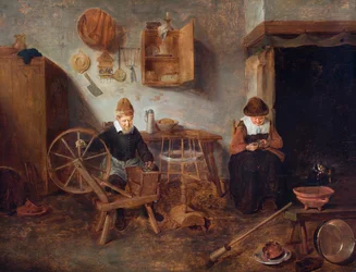 En interiör med en gammal man som spinner och en gammal kvinna som syr vid en eld (olja på pannå)