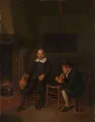 Interiör med Två män vid brasan