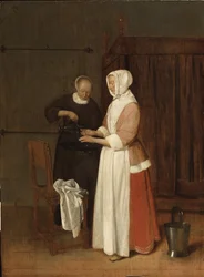 A woman washing her hands - A Woman Washing her Hands, av Brekelenkam, Quiringh van (ca 1622-ca 1669). olja på trä