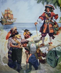 Piratchefen begraver skatten (färg litho)
