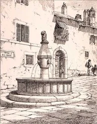 Fontän av Vicolo di S. Rocco, Viterbo, Italien, från 