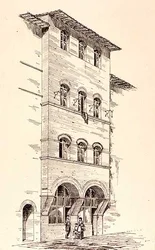 Vy av ett tegelhus, Montepulciano, Italien, från "Examples of the Municipal, Commercial, and Street Architecture of France and Italy from the 12th to the 15th Century", publicerad av W.Mackenzie.