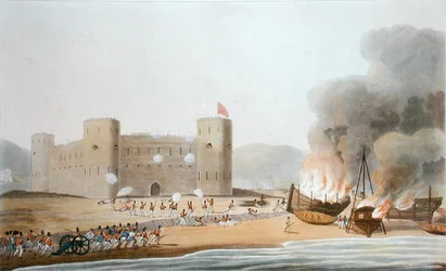 Attacken på Luftfortet, den 27 november 1809, från "Sexton utsikter över platser i Persiska viken, tagna under åren 1809-10, illustrerande av de styrkor som anställdes på expeditionen skickad från Bombay", graverad av I. Clark, publicerad 1