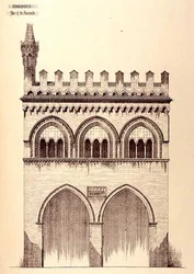 Juriskonsulternas palats, Cremona, Italien, byggt 1292, från "Examples of the Municipal, Commercial, and Street Architecture of France and Italy from the 12th to the 15th Century" (exempel på kommun-, handels- och gatuarkitektur i Frankrike och Italien frå