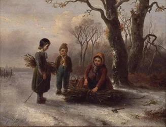 Barn som samlar stockar, ca 1884 (panel)