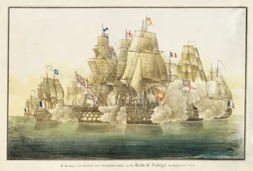 HMS-fartygen "Victory" och "Temeraire" i slaget vid Trafalgar klockan halv tolv (litografi)