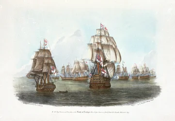 HMS "Victory" och "Euryalus" i slaget vid Trafalgar, när den första kanonen avfyrades från den franske amiralens skepp (färglitografi)