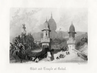 Ghat och templet i Gokul, Indien, c1838.