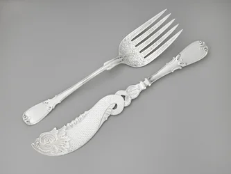 Fiskgaffel och kniv, ca. 1835-1845 (silver)