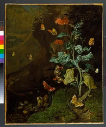 Stilleben med blommor, fjärilar och en ödla i en sänka, före 1750