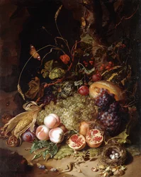 Stilleben med frukt och insekter