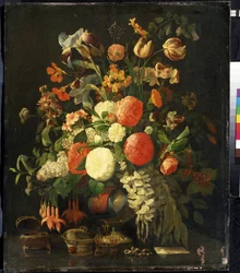 ""Bukett med blommor"" (Blommor) På bordet står smyckeskrin. Målning av Rachel Ruysch (1664-1750) Mikhail Kroshitsky Art Museum från 1700-talet, Sevastopol (Sevastopol) Ukraina