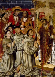 Mirakelcykel, detalj från San Bernardino altartavla, av Joan Figuera och Tomas Rafael (aktiv under andra hälften av 1500-talet), tempera på panel, 399x253 cm. Detalj.