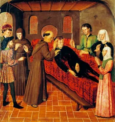Uppståndelse av en man som dog av sina sår, detalj från vänstra panelen av St Bernands altartavla av Rafael Tomas (aktiv 1455-1479), predella av Joan Figuera (aktiv från 1454-död 1477 eller 1479), tempera på panel, 398, 9x253 cm