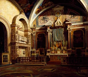 Interiör från San Domenico Maggiore, av Raffaele Armando Califano Mundo (1857-1930), olja på duk, 50x70 cm.