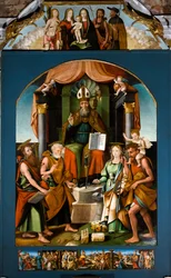 Sankt Blaise tronande mellan heliga Petrus, Paulus, Katarina av Alexandria och Kristoffer, central altartavla