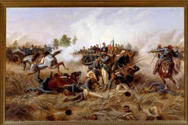Risorgimento, österrikisk-preussiska kriget (tredje italienska frihetskriget): syn på slaget vid Custoza (Custozza) 24/06/1866 - (tredje italienska frihetskriget, slaget vid Custoza den 24 juni 1866) Målning av Raffaele Pontremoli (1832) -1905) 1897 Dim 13