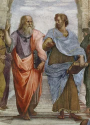 Aristoteles och Platon: detalj av School of Athens, 1510-11 freskdetalj av 472