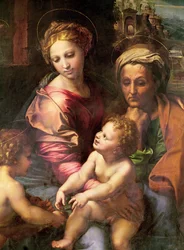 The Holy Family (eller The Pearl), detalj: Jungfrun, Saint Elizabeth and Child, ca 1518 (olja på trä)