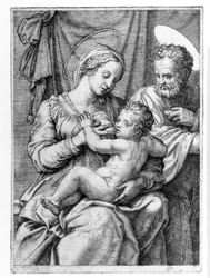 Den heliga familjen, graverad av Marcantonio Raimondi, c.1515
