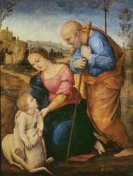 Den heliga familjen med ett lamm (olja på trä)