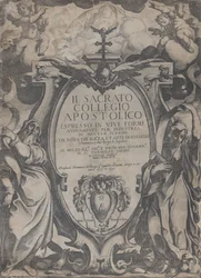 Frontispice med två figurer som håller rullar och keruber som flankerar kartuschen vid cen..., 1606-07.