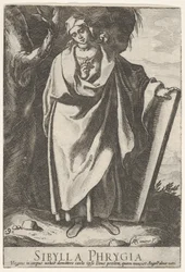 Plåt 9: den frygiska sibyllan som håller toppen av en tablett med vänster hand och pekar mot..., 1609.