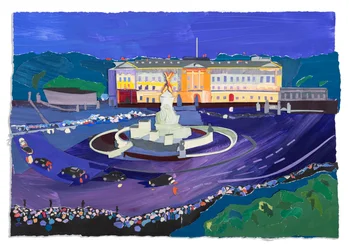 Folkmassor vid Buckingham Palace, 2023 (akryl och collage på papper)