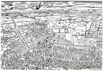 Detalj av London norr om staden från Civitas Londinium (träblocktryck)