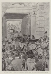 Kung Edward VII:s återkomst till Osborne efter sin kungörelse, Hans Majestät lämnar Trinity Wharf, Cowes, för Osborne, 24 januari.