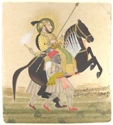 Maharana Sangram Singh Riding a Prize Stallion, c.1712 (bläck, ogenomskinlig akvarell, guld och Basra-pärlor på papper)