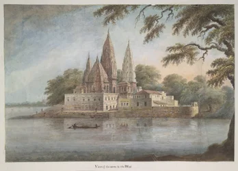 Klustret av tempel vid Rajghat Sangam