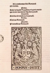 Sida i kodexen "De Laudibus Beatissimae Virginis Mariae" av Ramon Llull (1235-1315), föreställande två lejon som håller tryckaren Jehan Petits vapensköld.