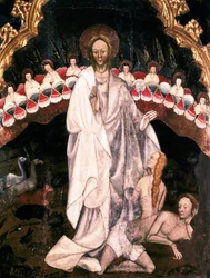 Skapandet av världen, under skapandet av Eva, Detalj av altartavlan i kyrkan San Sebastian de Guimera. Rempe på trä av Ramon de Mur (d. 1435) 1402-1412. Episcopal Museum of Vic. Katalonien Spanien