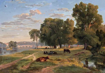 Thames vid Richmond från Middlesex bank, tittar mot bron