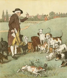 En elegi över en galen hunds död av Oliver Goldsmith. Det var hunden som dog. Illustration av Randolph Caldecott.
