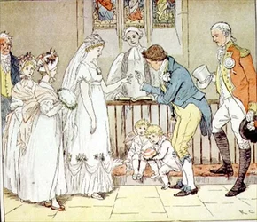 "Och hon gifte sig mycket oförsiktigt med barberaren" från "The Great Panjandrum", utgiven av Frederick Warne & Co. (färgat gravyr)