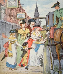 Familjeliv i det koloniala Amerika - Gatubild i Boston (akvarell på papper)