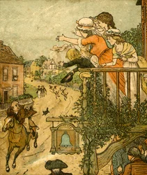 John Gilpin galopperar förbi Bell Inn när hans fru och barn vinkar från balkongen, 1878, c1918.