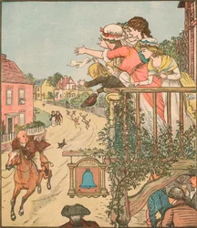 John Gilpin galopperar förbi Bell Inn när hans fru och barn vinkar från balkongen, 1878, c1918.