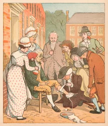 Grannar som klär på den gode mannen från Islingtons bite, c1879.