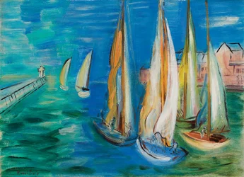 Segelbåtarnas avgång i Deauville; Depart des voiliers a Deauville, ca 1930 (olja på duk)