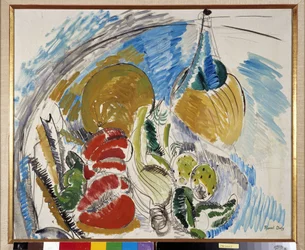 Stilleben av frukt, grönsaker och en vinflaska på ett bord